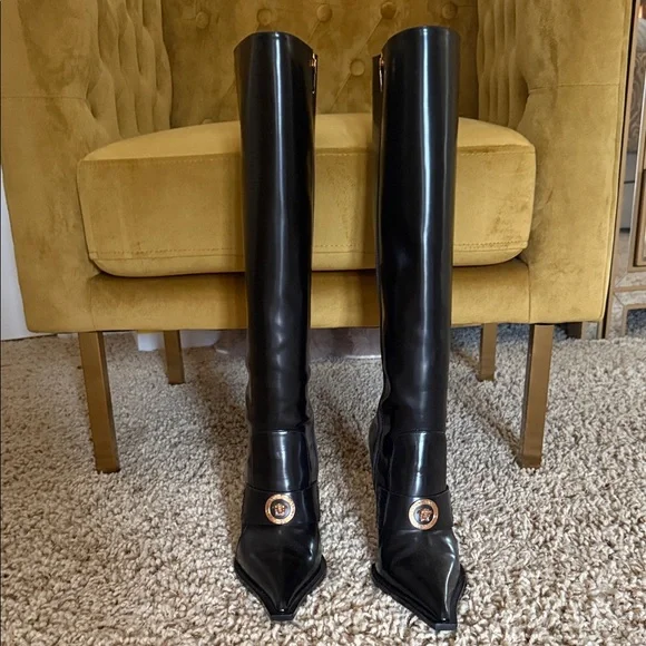 Versace Black Over the Knee Boots with Gold Medallion - Picture 1 of 9